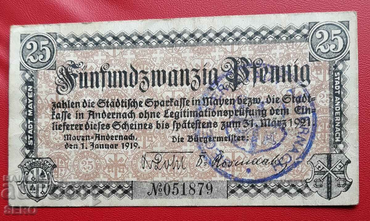 Банкнота-Германия-Рейланд-Пфалц-Андернах-25 пфенига 1919