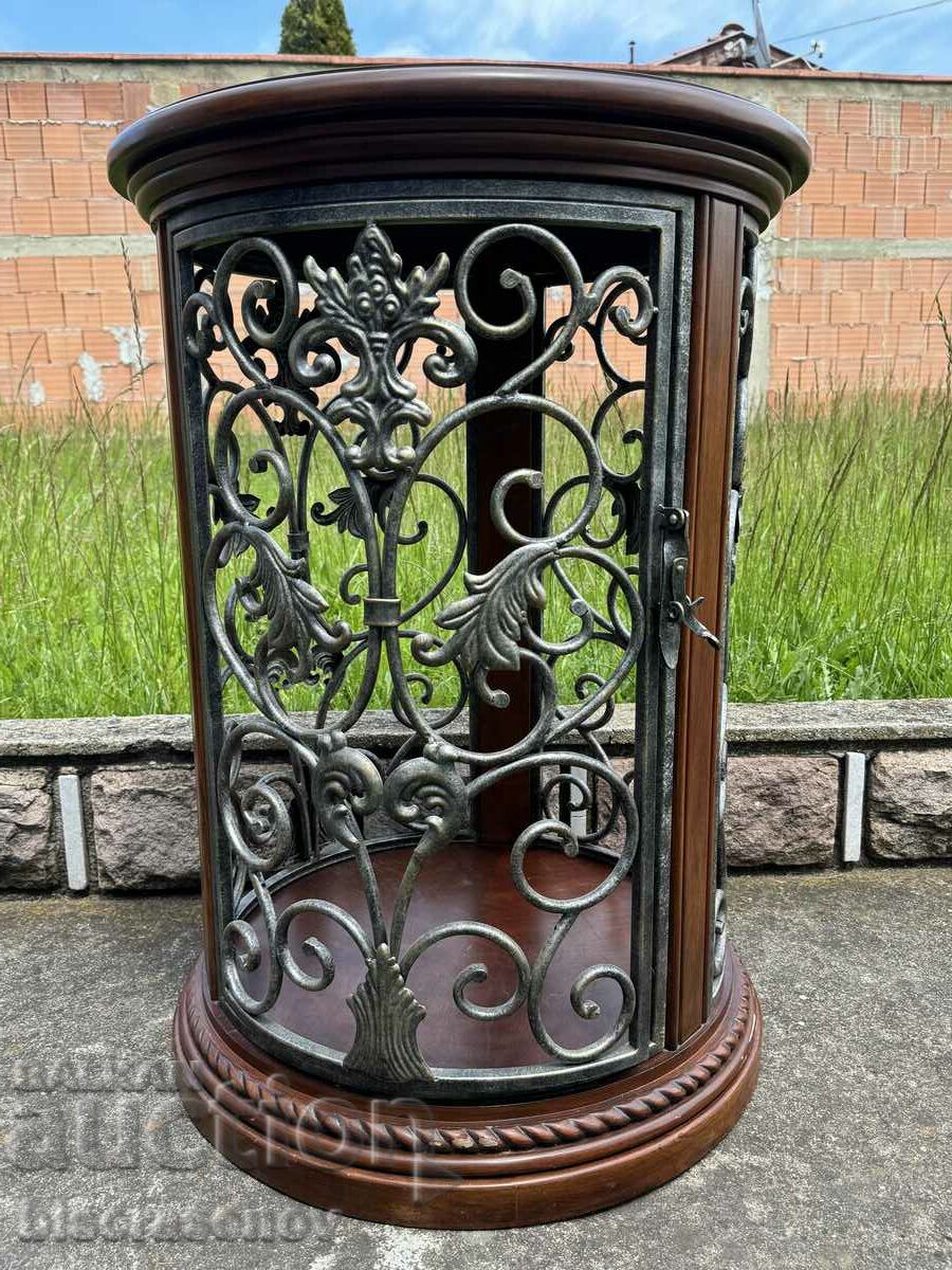 Round vintage liquor cabinet in solid wood and iron