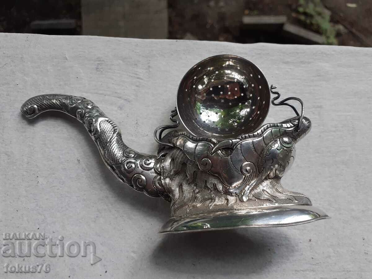 Auction Old Antique Silver Dragon Tea Strainer - Marks Auction Old Antique Silver Dragon Tea Strainer - Marks