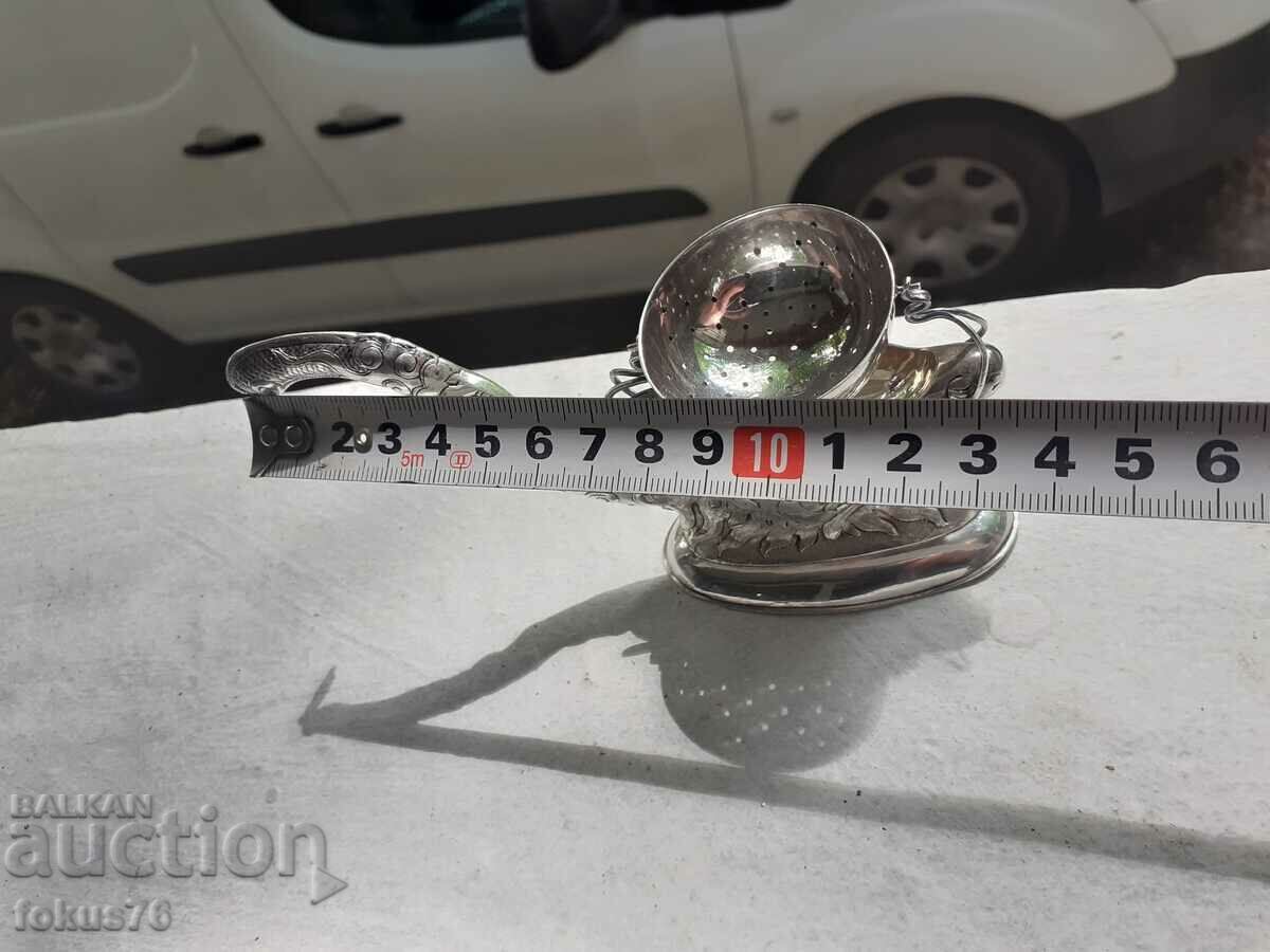 Стара антикварна сребърна цедка за чай с дракон - маркировки - 5