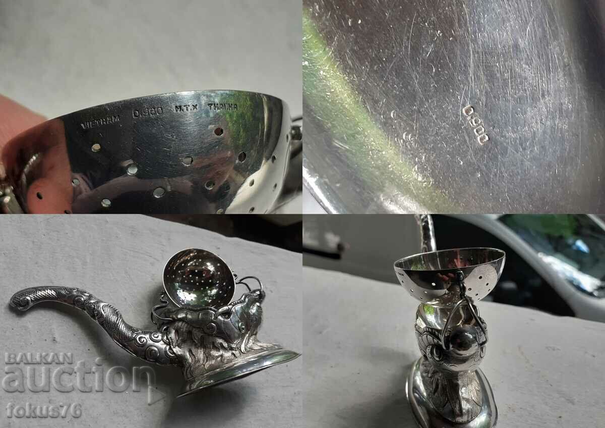 Old Antique Silver Dragon Tea Strainer - Marks - 7 Old Antique Silver Dragon Tea Strainer - Marks - 7