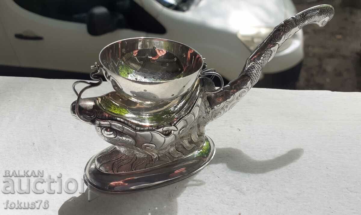 Old Antique Silver Dragon Tea Strainer - Marks