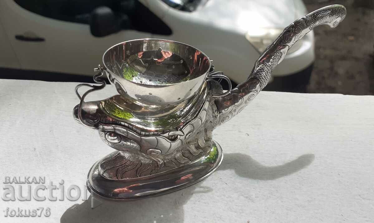 Παλιά Antique Silver Dragon Tea Strainer - Marks