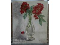 Маслена картина - Натюрморт - Стъклена ваза цветя  30/25 см
