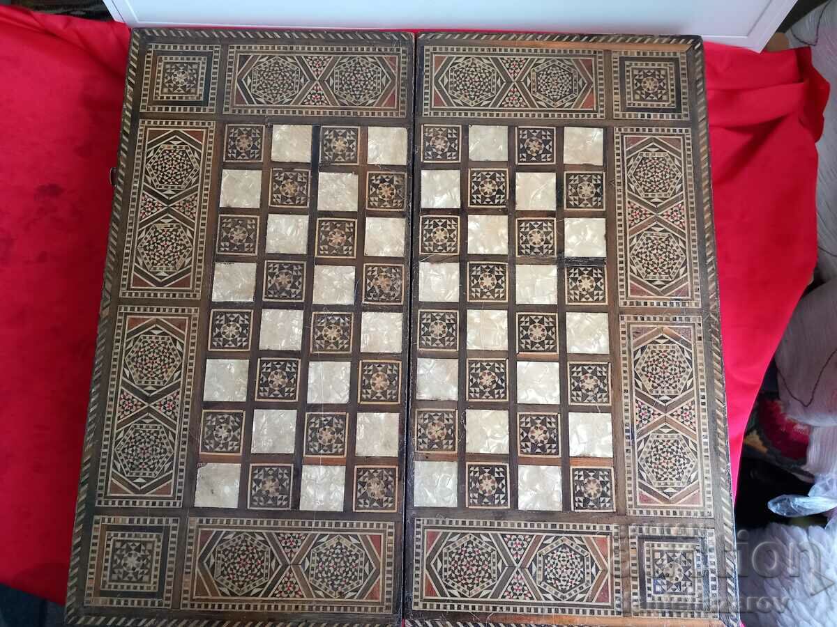 Antique Huge Backgammon, Chess, Intarsia, Mother of Pearl