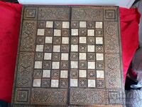 Table antic uriaș, șah, intarsie, sidef