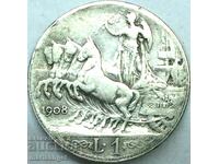 1 лира 1908 Италия сребро