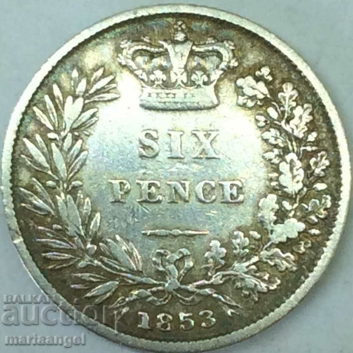 Великобритания 6 пенса 1853 млада Виктория сребро