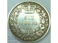 Великобритания 6 пенса 1853 млада Виктория сребро
