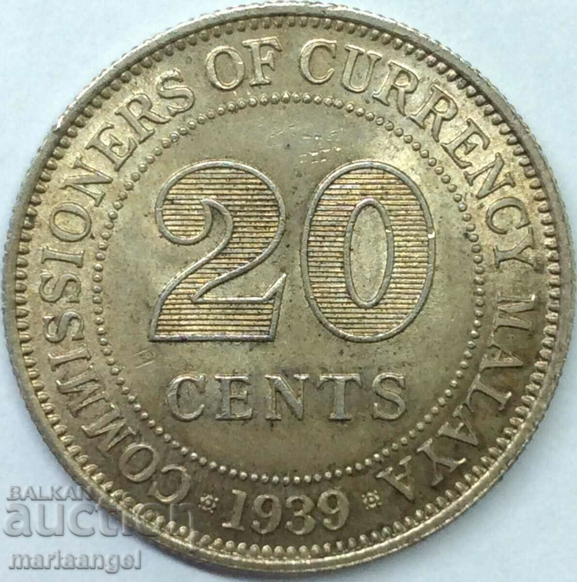 Стрейтс Сетлементс 1939 20 цента  Малайя UNC сребро Патина