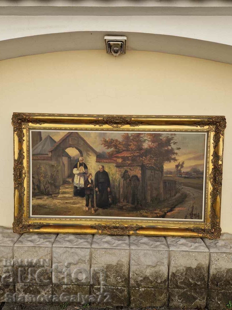 Огромна антикварна белгийска картина масло върху платно