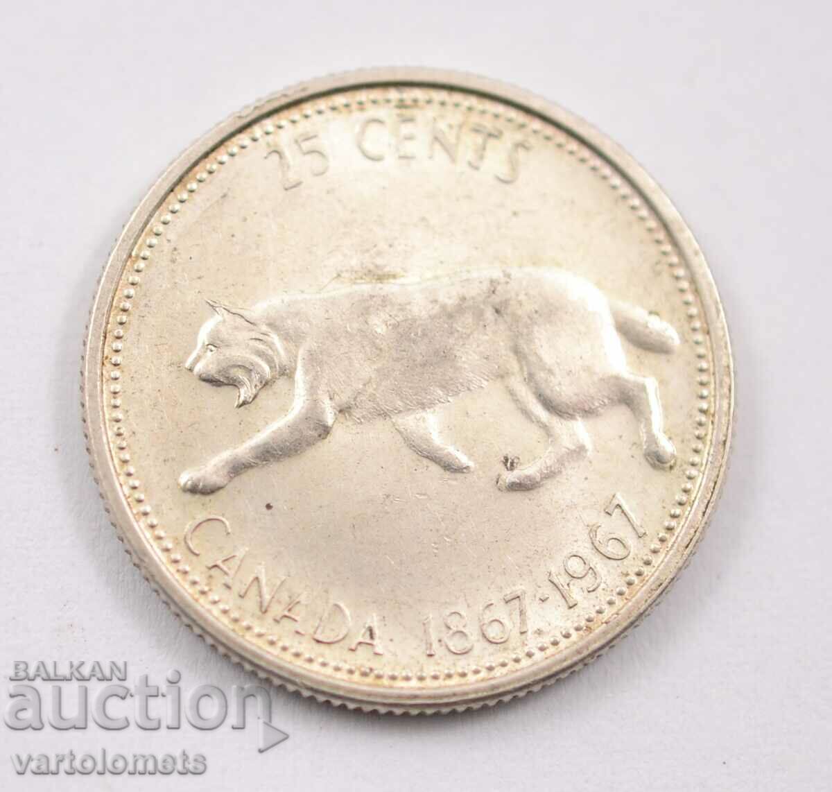 25 de cenți 1967 - Canada, Argint 0,800, 5,83 gr., ø23,88 mm