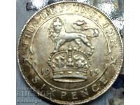 Великобритания 6 пенса 1915 сребро златна патина