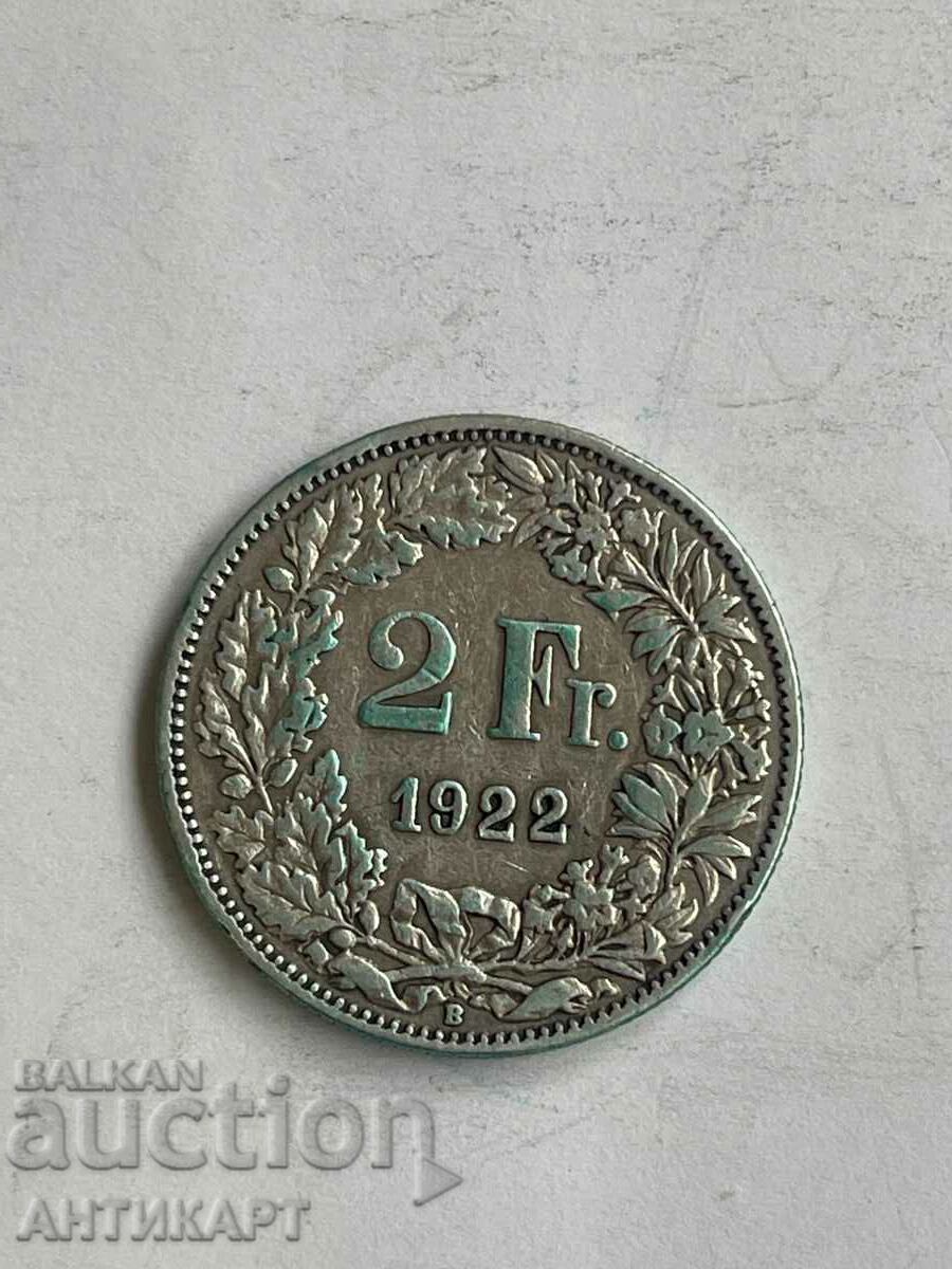 сребърна монета 2 франка Швейцария 1922 сребро