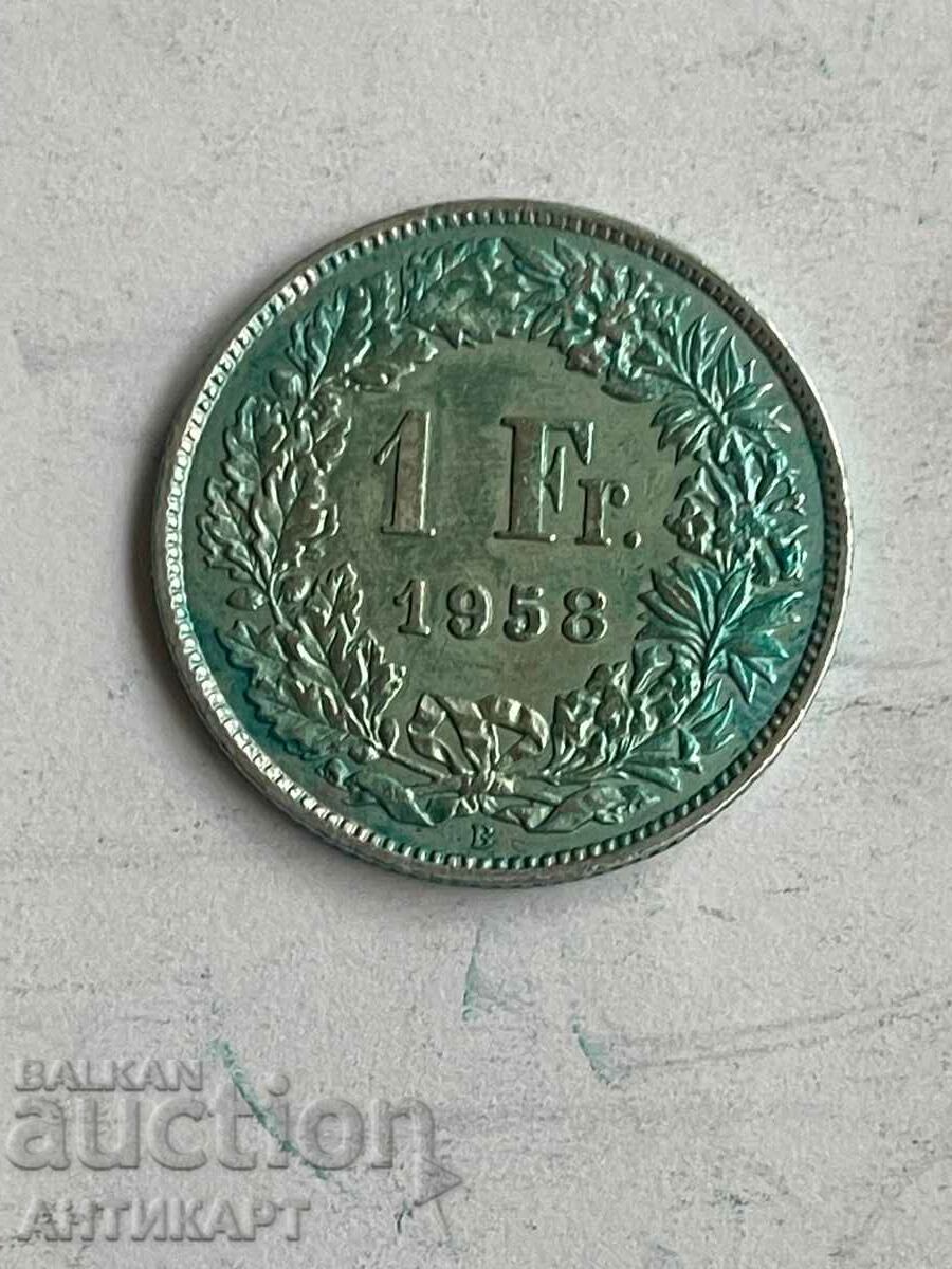 сребърна монета 1 франк сребро Швейцария 1958