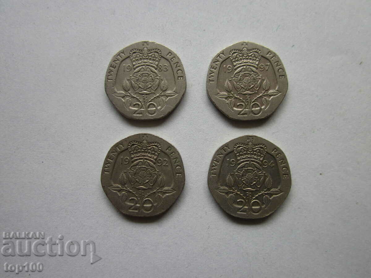 LOT OF 20 PENCE DIFFERENT YEARS BZC !!! with price 3.00 BGN | € 1.53 LOT OF 20 PENCE DIFFERENT YEARS BZC !!! with price 3.00 BGN | € 1.53