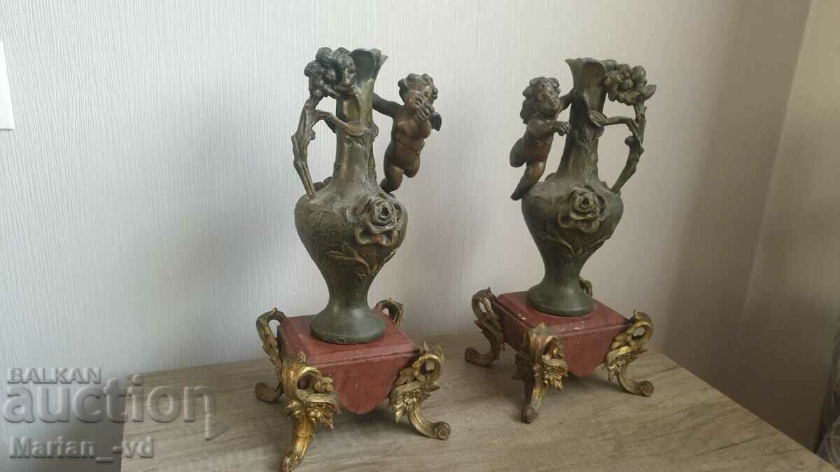 Old French solid candlesticks with angels - a pair