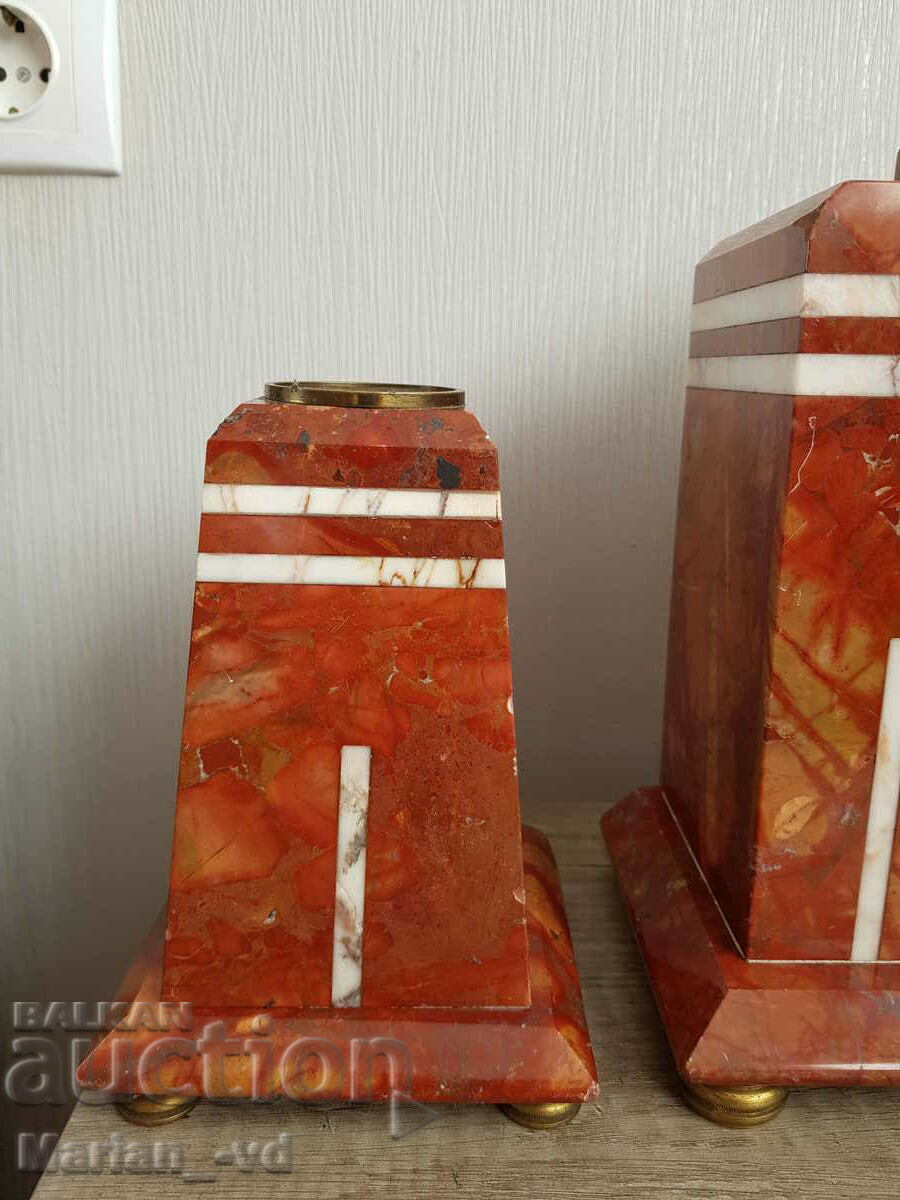 Auction  Antique Marble Mantel Clock Set with Two Candle Holders