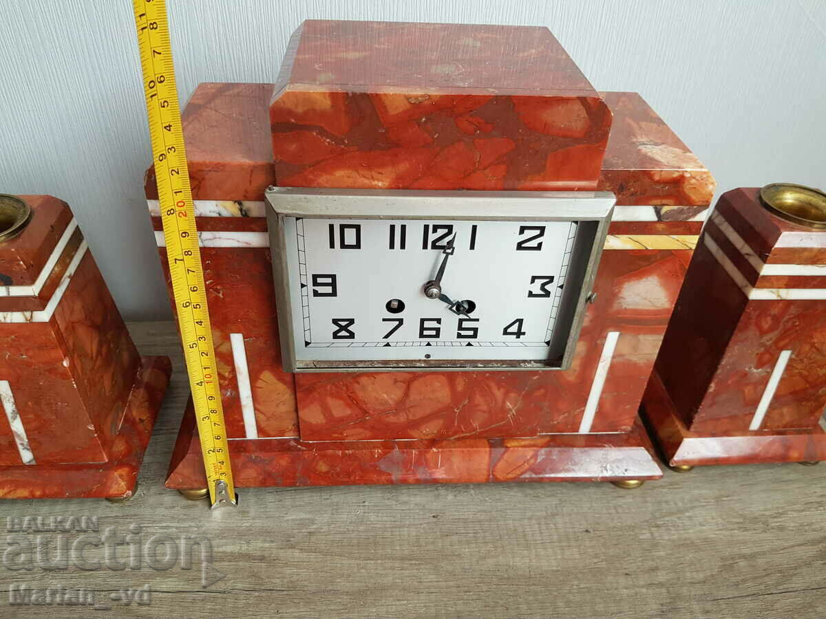 Antique Marble Mantel Clock Set with Two Candle Holders - 5