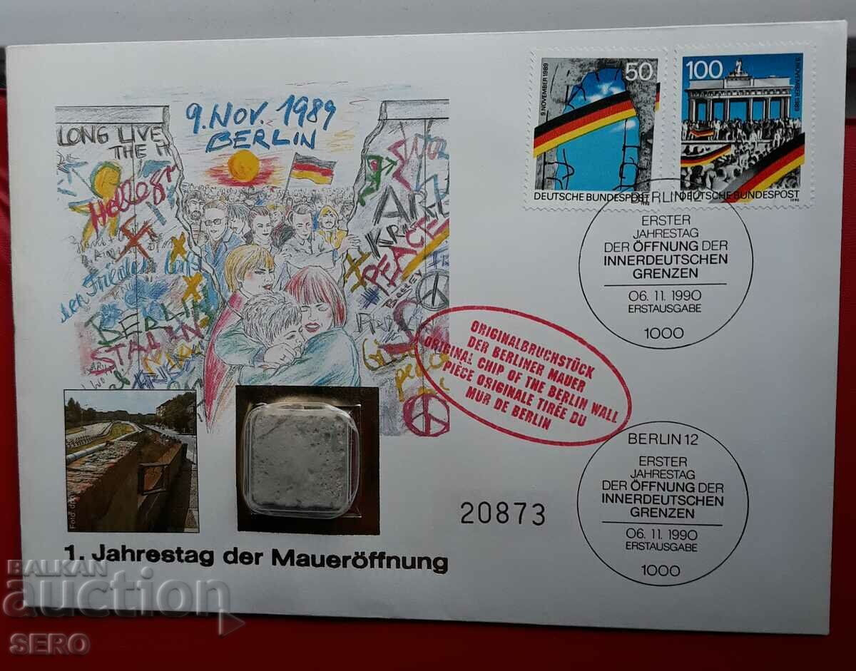 Germania - o bucată din Zidul Berlinului și post.mar. într-un plic frumos