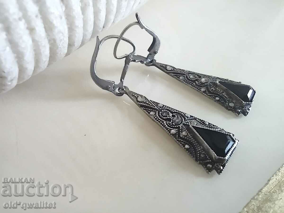 Auction SILVER EARRINGS Markasites, Onyx the old 100 year old quality Auction SILVER EARRINGS Markasites, Onyx the old 100 year old quality