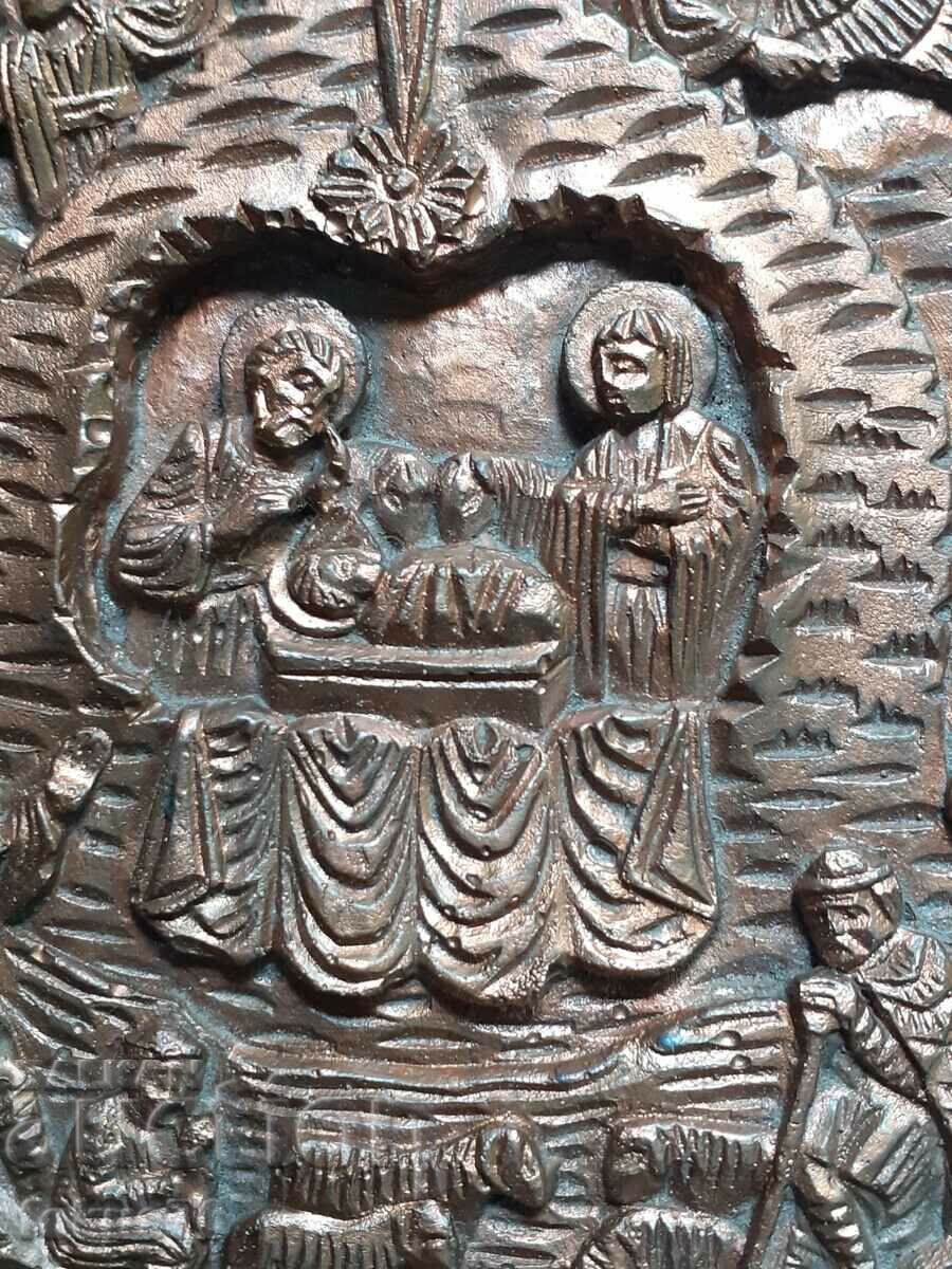 Auction Old icon Nativity of Christ - copper - leather Auction Old icon Nativity of Christ - copper - leather