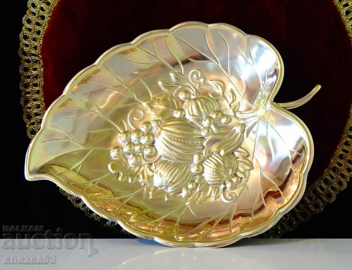 Bronze fruit bowl, leaves, fruits