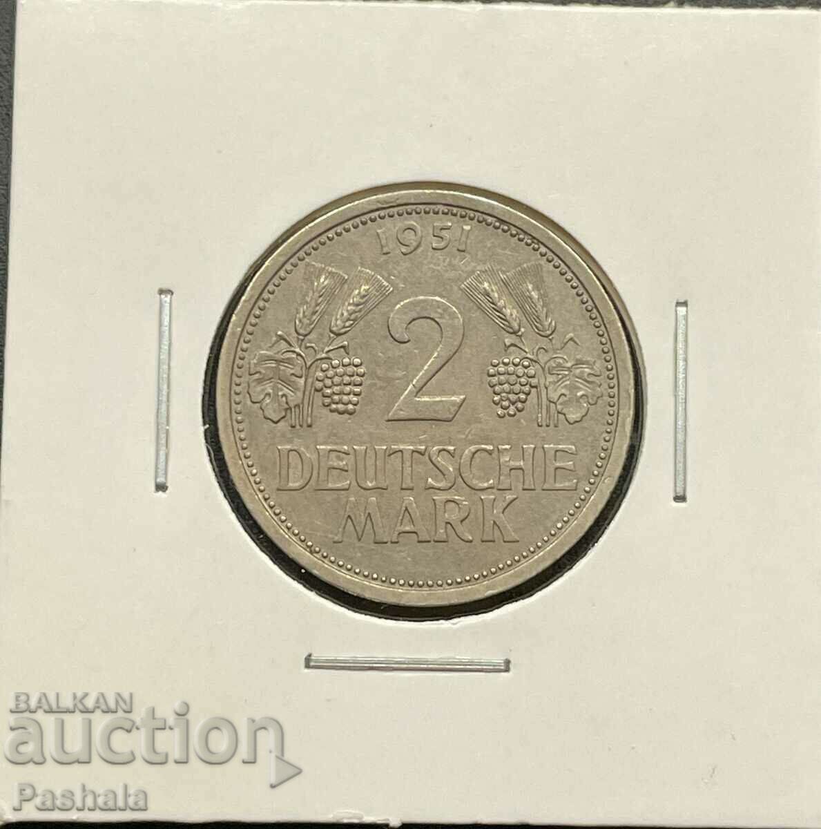 Германия 2 марки 1951 г. Рядка , състояние .
