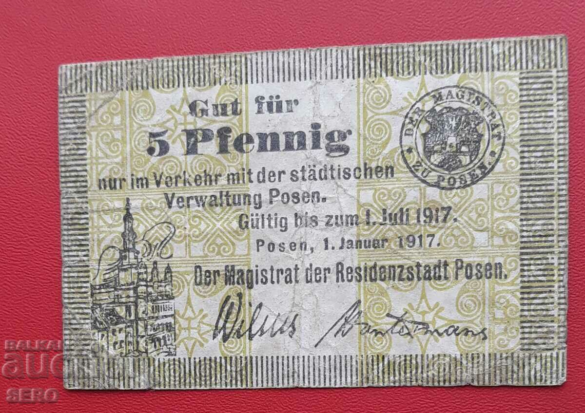 Банкнота-Германия-Прусия-Посен/Познан в Полша/-5 пф. 1917