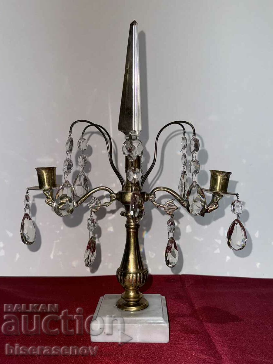 Suport de lumânare frumos din bronz cu cristale și suport de marmură