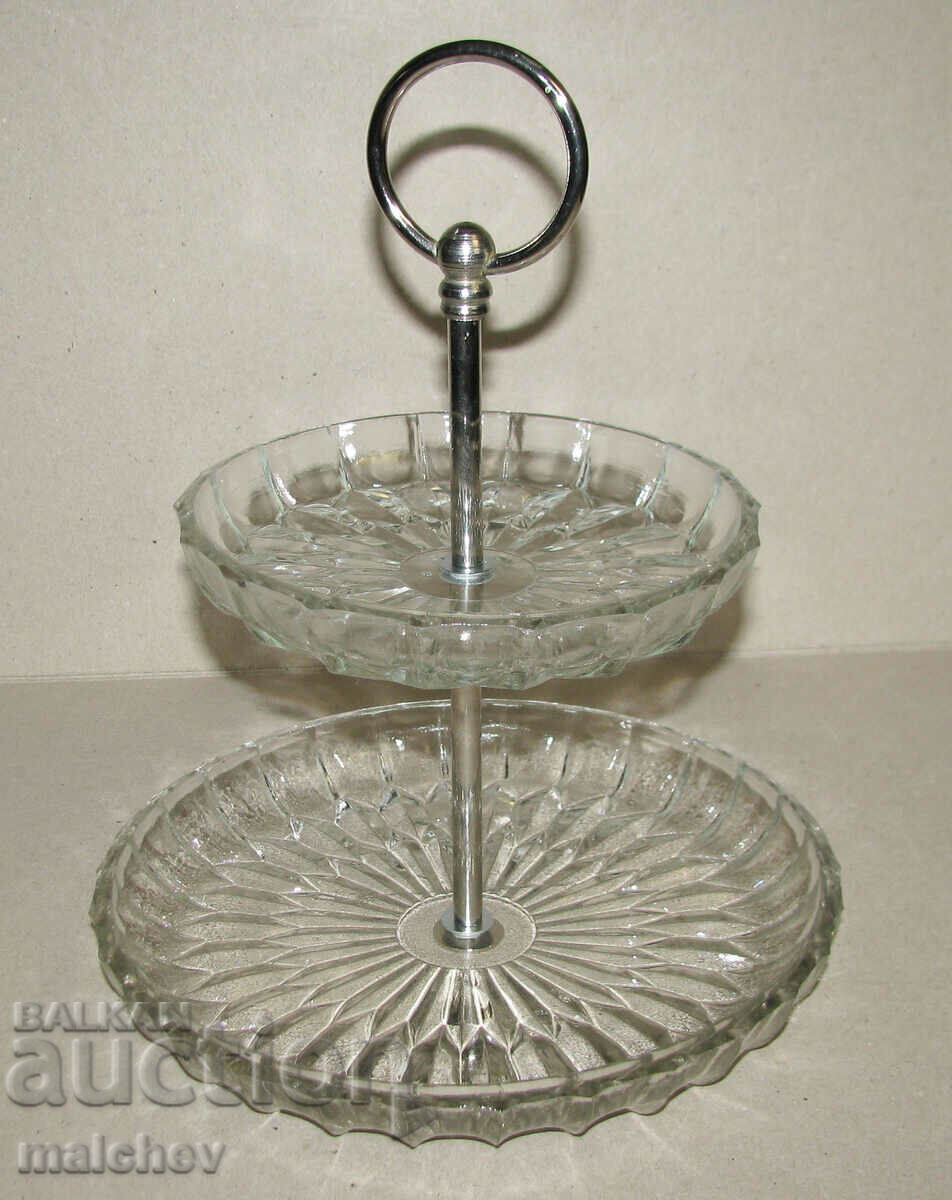 Two-tier glass tray with metal axis and handle 1990, new