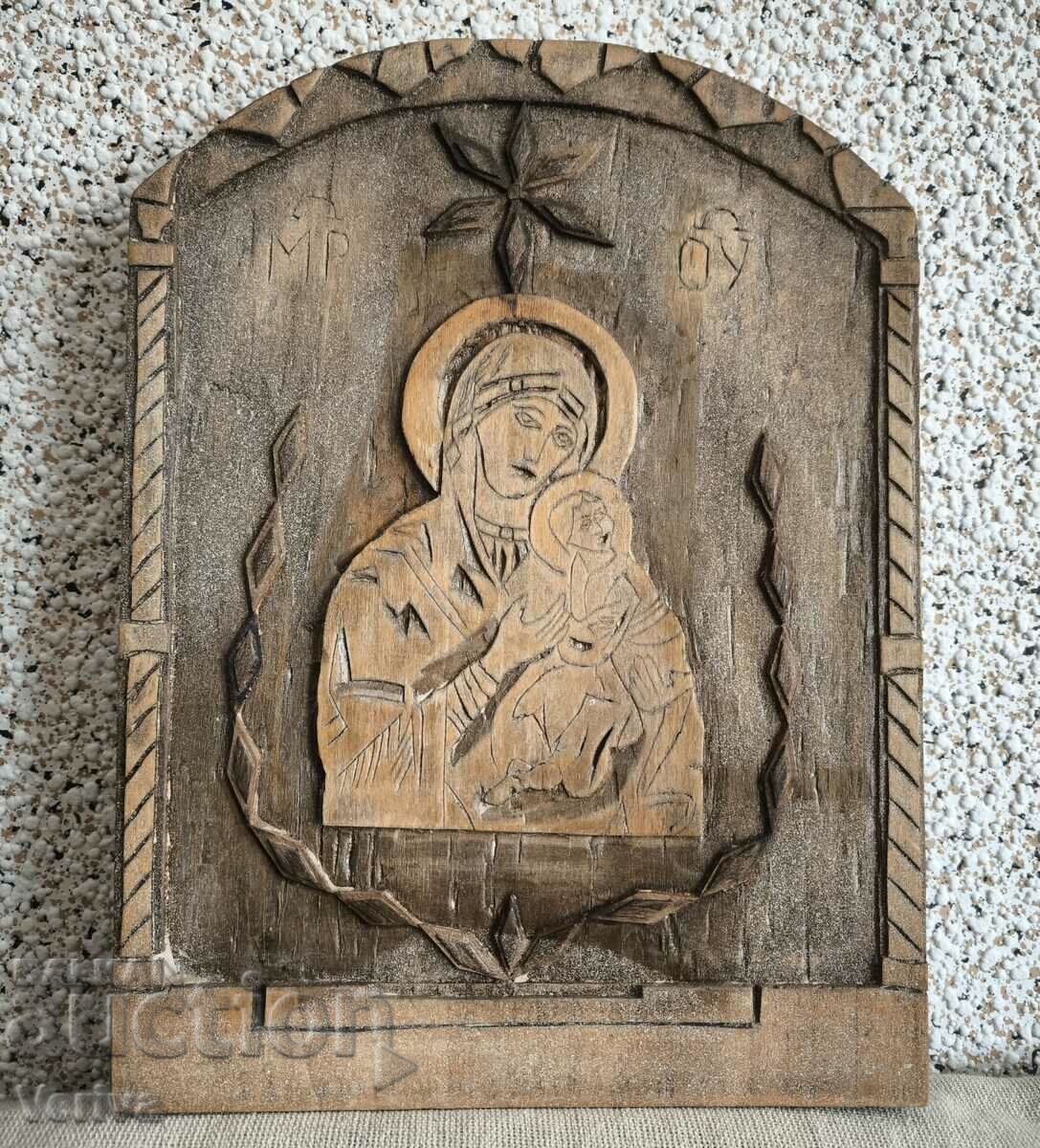 Χειροποίητη, παλιά ξύλινη εικόνα της Παναγίας και του Ιησού