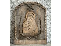 Ръчно Изработена , Стара Дървена Икона на Богородица и Исус
