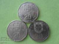 20 escudos 1987, 1988 and 1989. Portugal