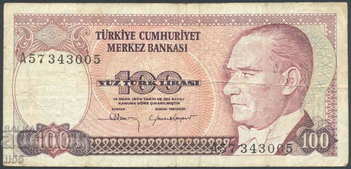 Turkey - 100 lira 1970 - good