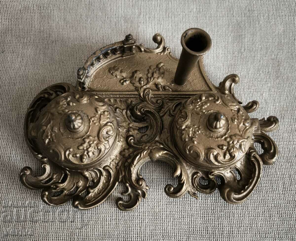 Old Bronze French Inkwell, Floral Ornaments