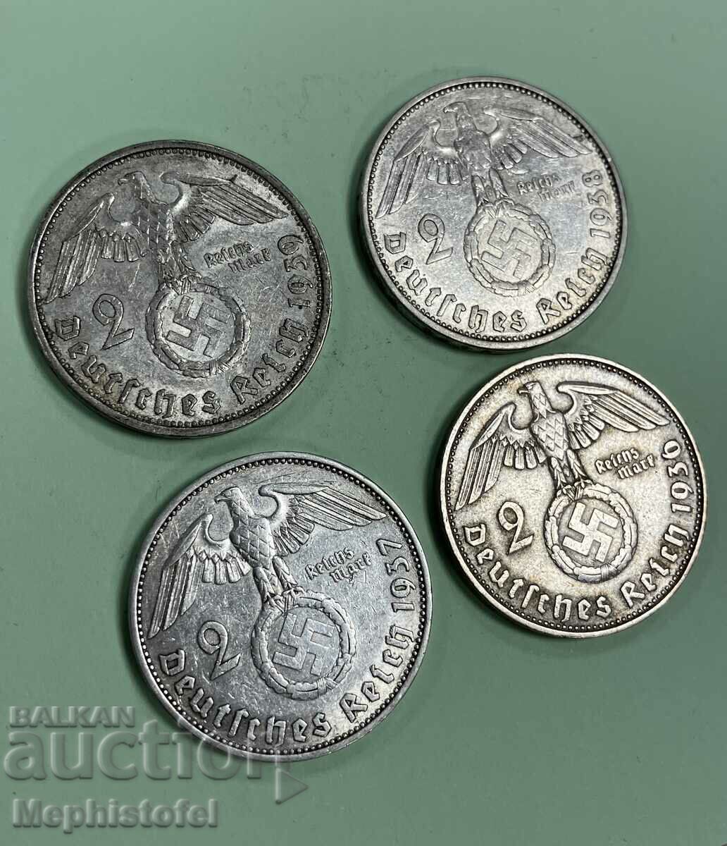 Lot of 4 pcs. 2 Reichsmarks 1936-1939 - silver coins