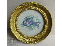 Old embroidery Violets, in a renewed baroque frame 20 cm