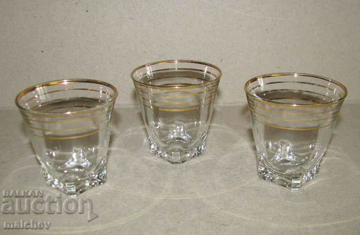 Lot of 3 old glass brandy glasses, gold rims