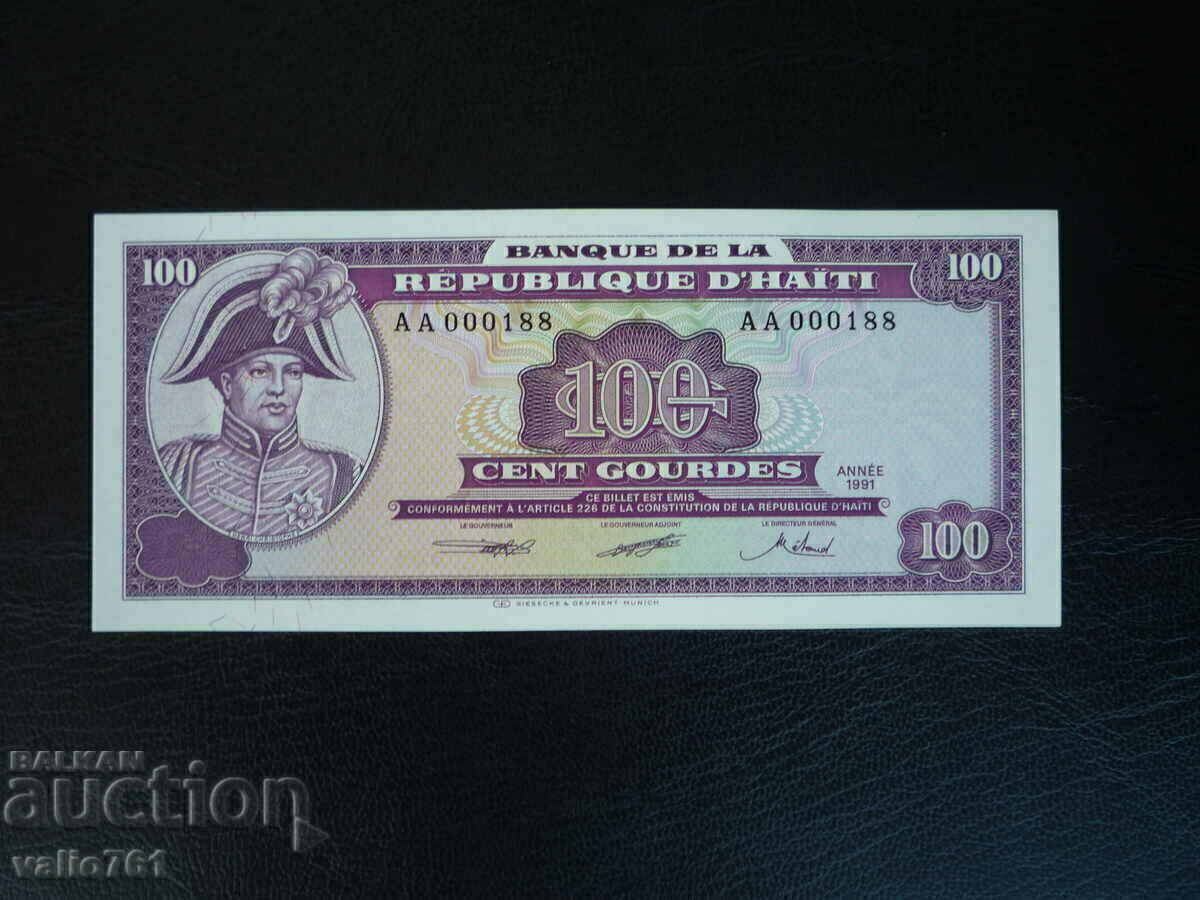 HAITI 100 GOURDE 1991 NEW UNC SERIES AA #000188 RARE !! HAITI 100 GOURDE 1991 NEW UNC SERIES AA #000188 RARE !!