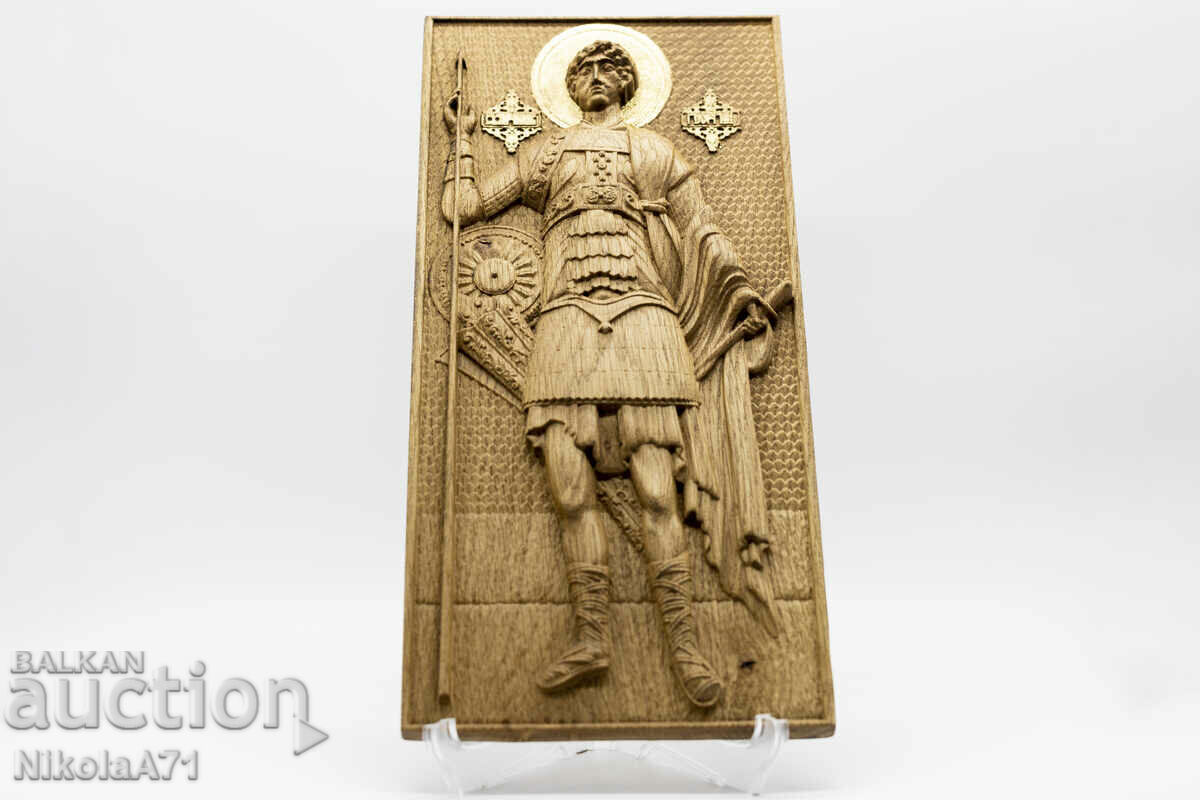 Icoana în relief aurit a Sfântului Gheorghe Biruitorul din stejar