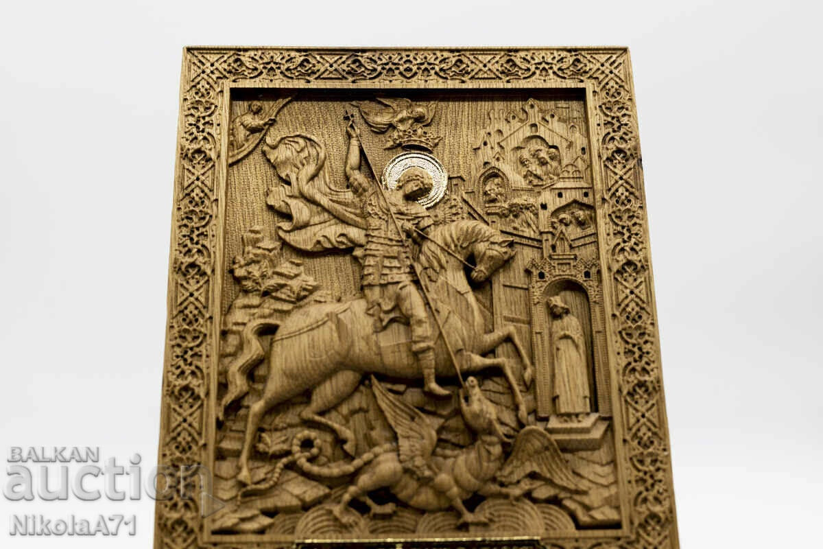 Icoana în relief aurit a Sfântului Gheorghe Biruitorul din stejar