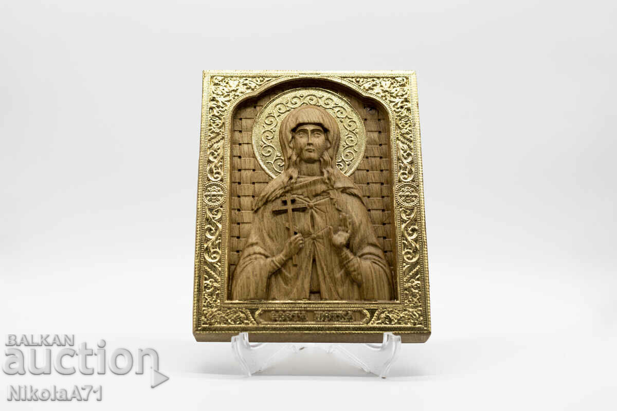 Позлатена релефна икона на Света Петка от масивен дъб - 9к