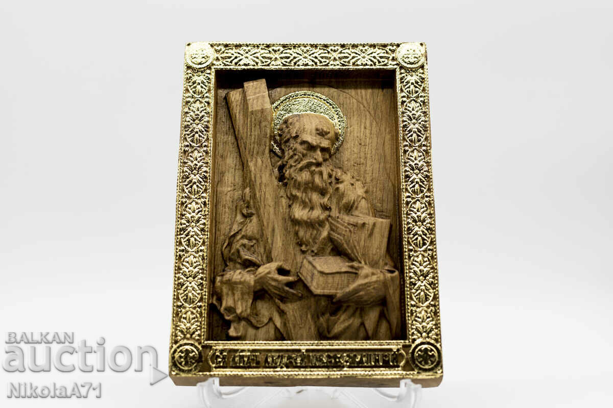 Позлатена релефна икона на Свети Андрей Първозвани от дъб