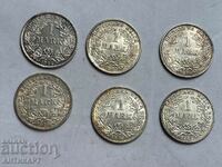 6 Silver Coins 1 Mark Germany Silver 1914 A D E F G J