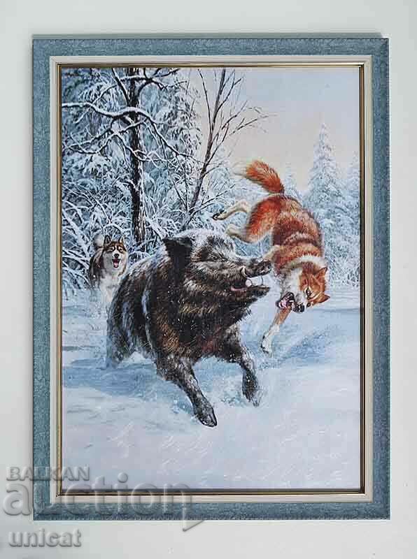 Boar, wild boar against dogs, winter, picture for hunters