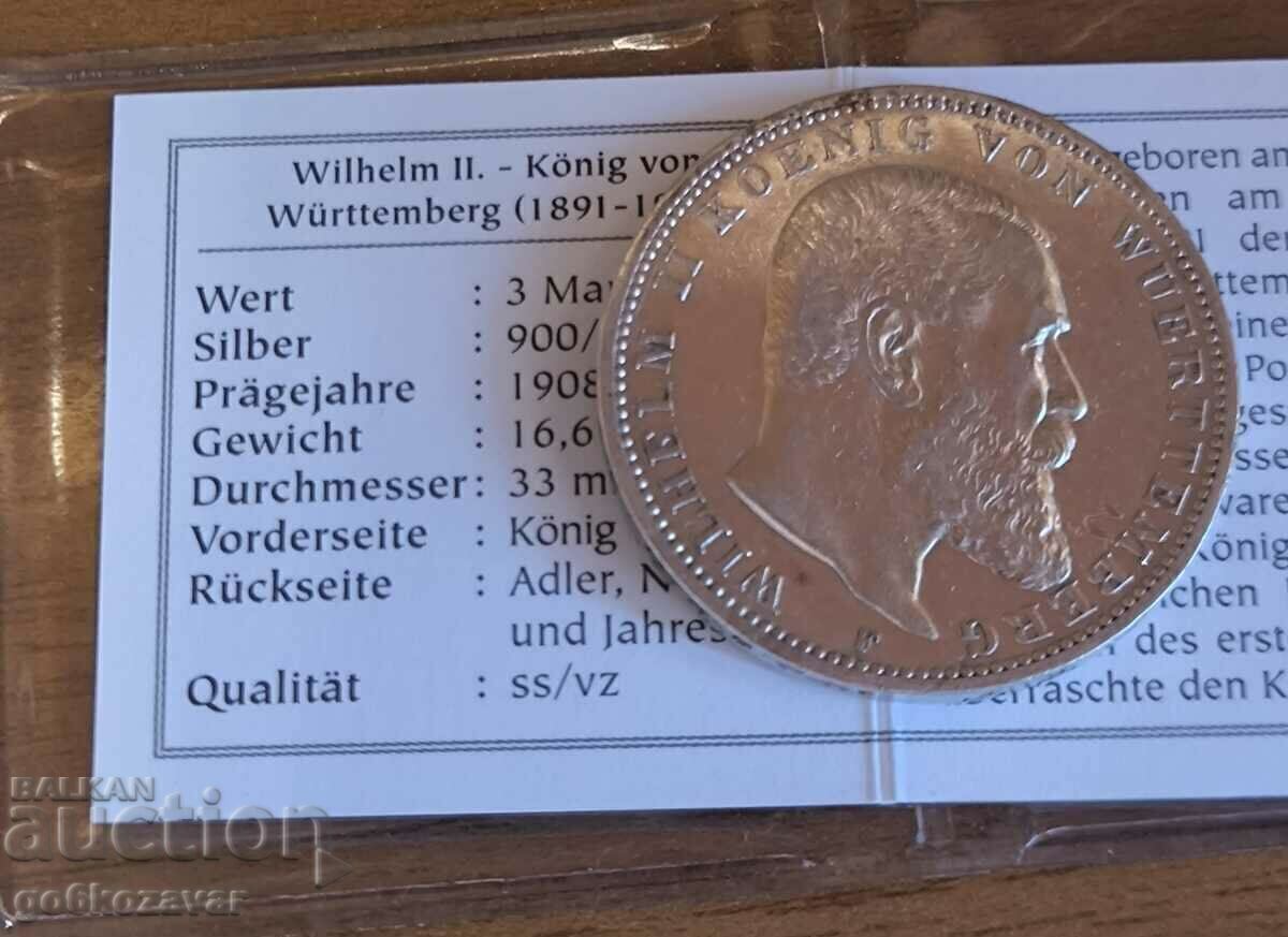 Germany Württemberg 3 stamps 1909 Silver! - 5