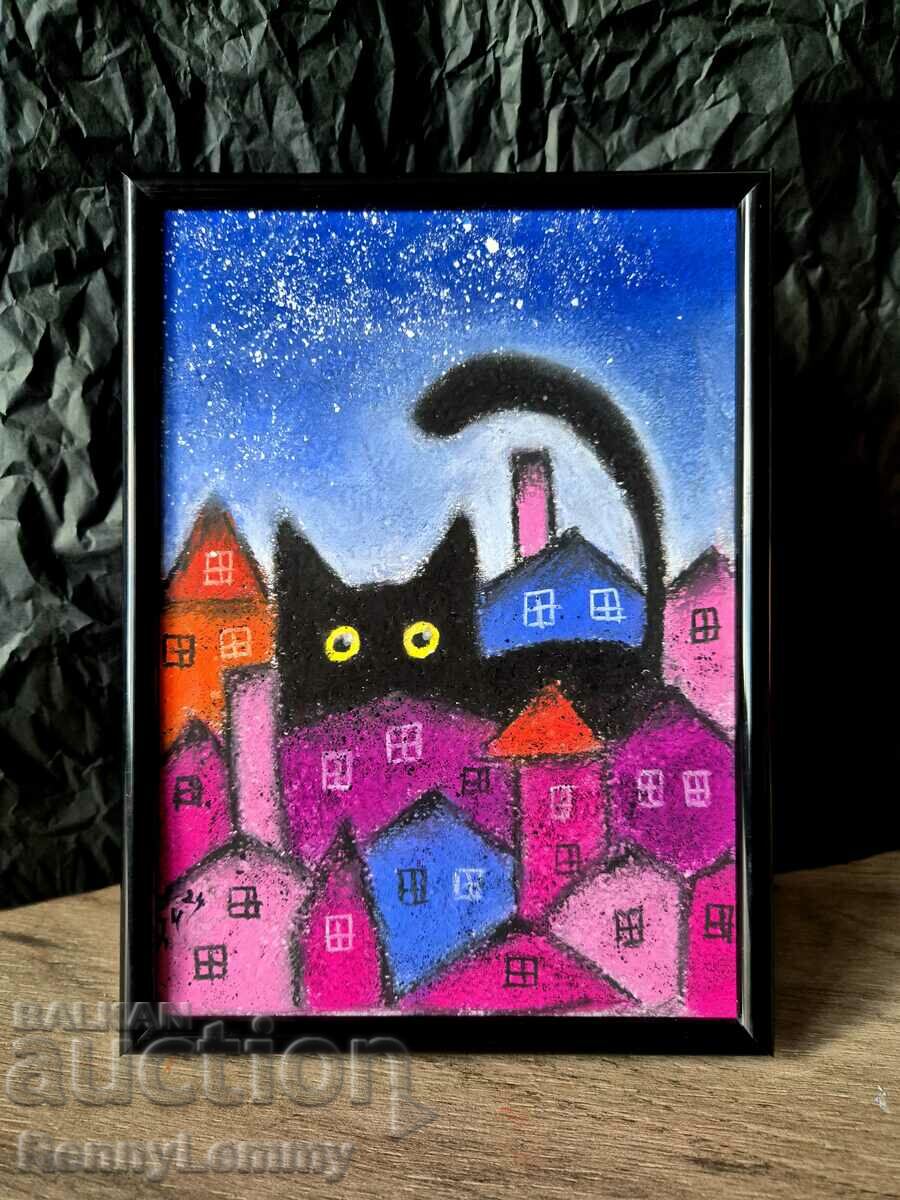 Alone in the city, black cat, original painting