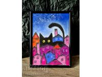 Singur în oraș, pisică neagră, tablou original