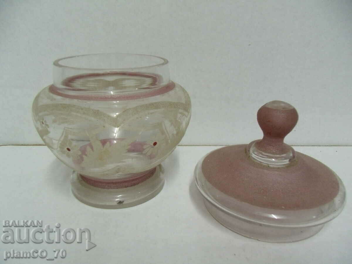 No.*7601 old glass sugar bowl / bonbonniere - with ornaments with price 30.00 BGN | € 15.34 No.*7601 old glass sugar bowl / bonbonniere - with ornaments with price 30.00 BGN | € 15.34